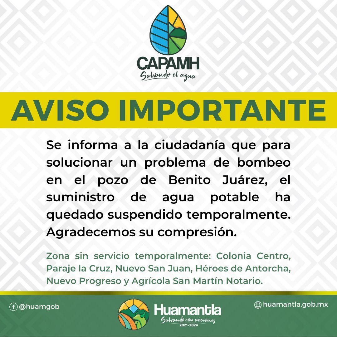 Anuncia Capamh suspensión de agua potable por trabajos de mantenimiento en el pozo Benito Juárez